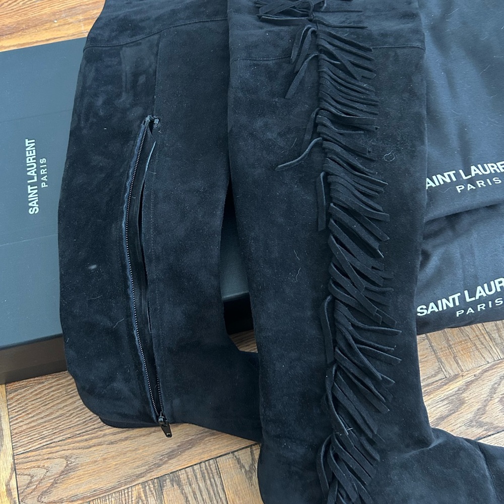 Saint Laurent Black Over the Knee Boots with Fringe - Picture 5 of 7